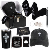 Faith-based religious gift basket bundle for men including a black embroidered cross dad hat, scripture travel mug with straw, soy candle, funny Christian socks, Ace of Spades card, and spiritual encouragement gifts