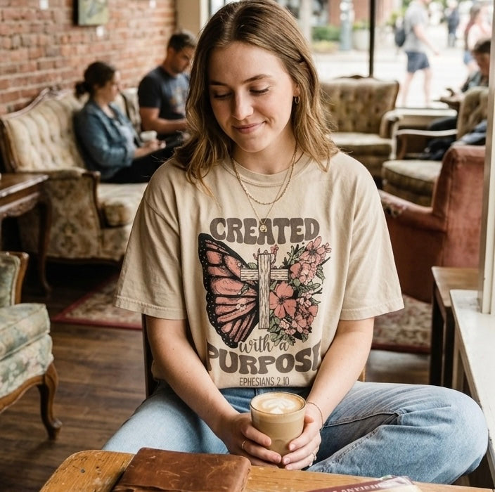 A woman reading a book in a cozy cafe, wearing a tan faith-based t-shirt featuring a butterfly, floral cross, and Ephesians 2:10 verse.