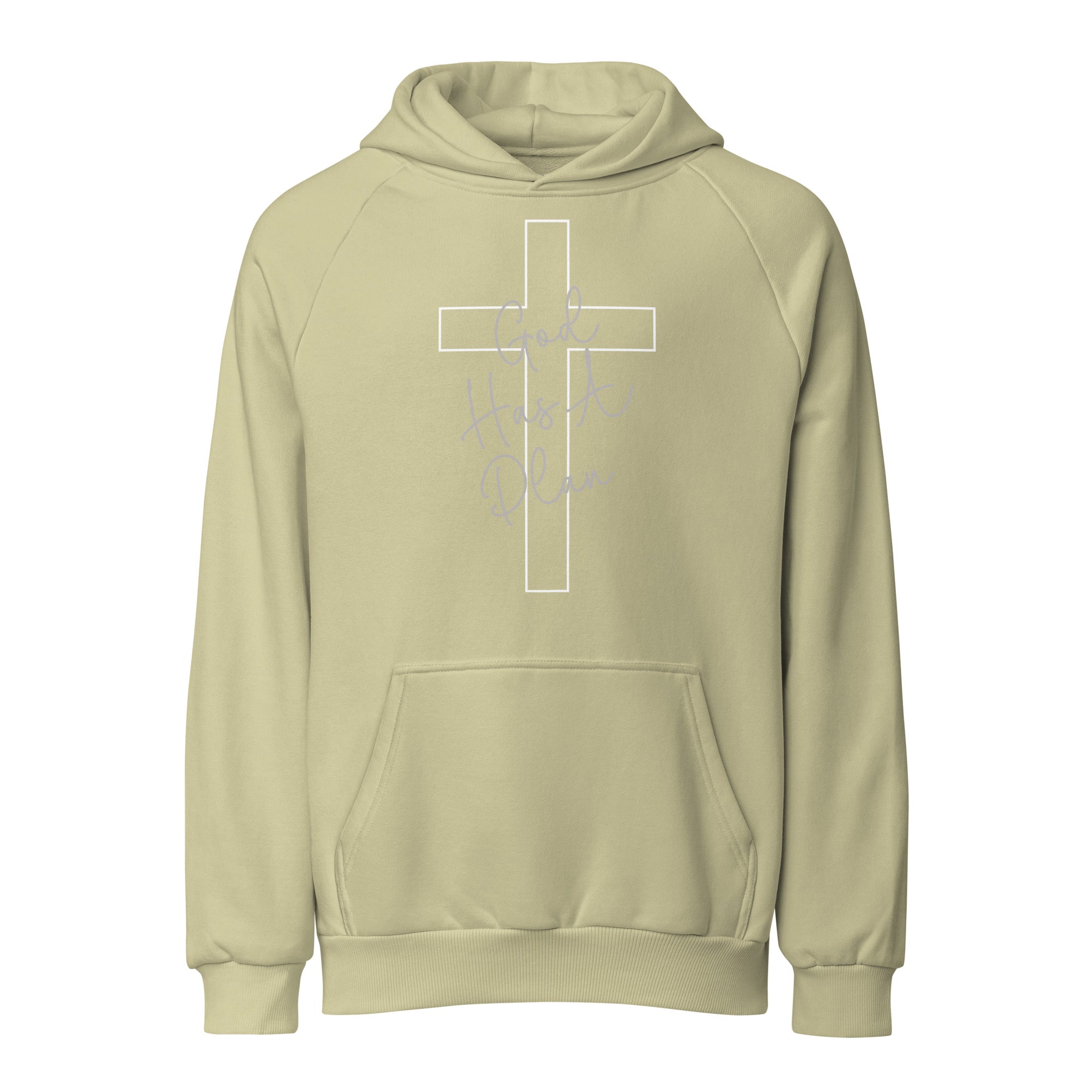 A front-facing product shot of a light green unisex heavy-weight hoodie with a simple white cross graphic.