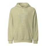 A front-facing product shot of a light green unisex heavy-weight hoodie with a simple white cross graphic.