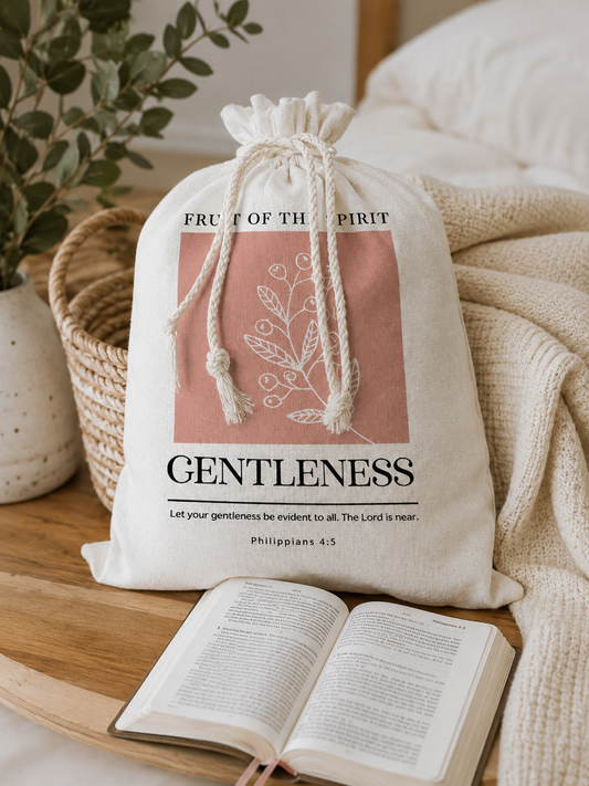 close-up, styled shot of a "Fruit of the Spirit: Gentleness" linen sourdough bread bag sitting on a wooden table next to an open Bible, creating a warm, cozy, and faith-inspired kitchen atmosphere