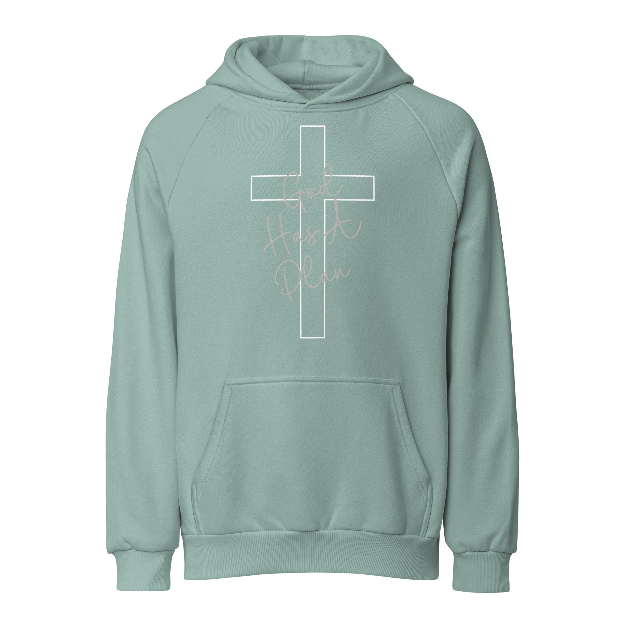 Front view of a sage green unisex heavyweight hoodie featuring a clean, minimalist cross design, perfect for believers seeking meaningful and spiritual apparel.