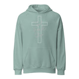 Front view of a sage green unisex heavyweight hoodie featuring a clean, minimalist cross design, perfect for believers seeking meaningful and spiritual apparel.