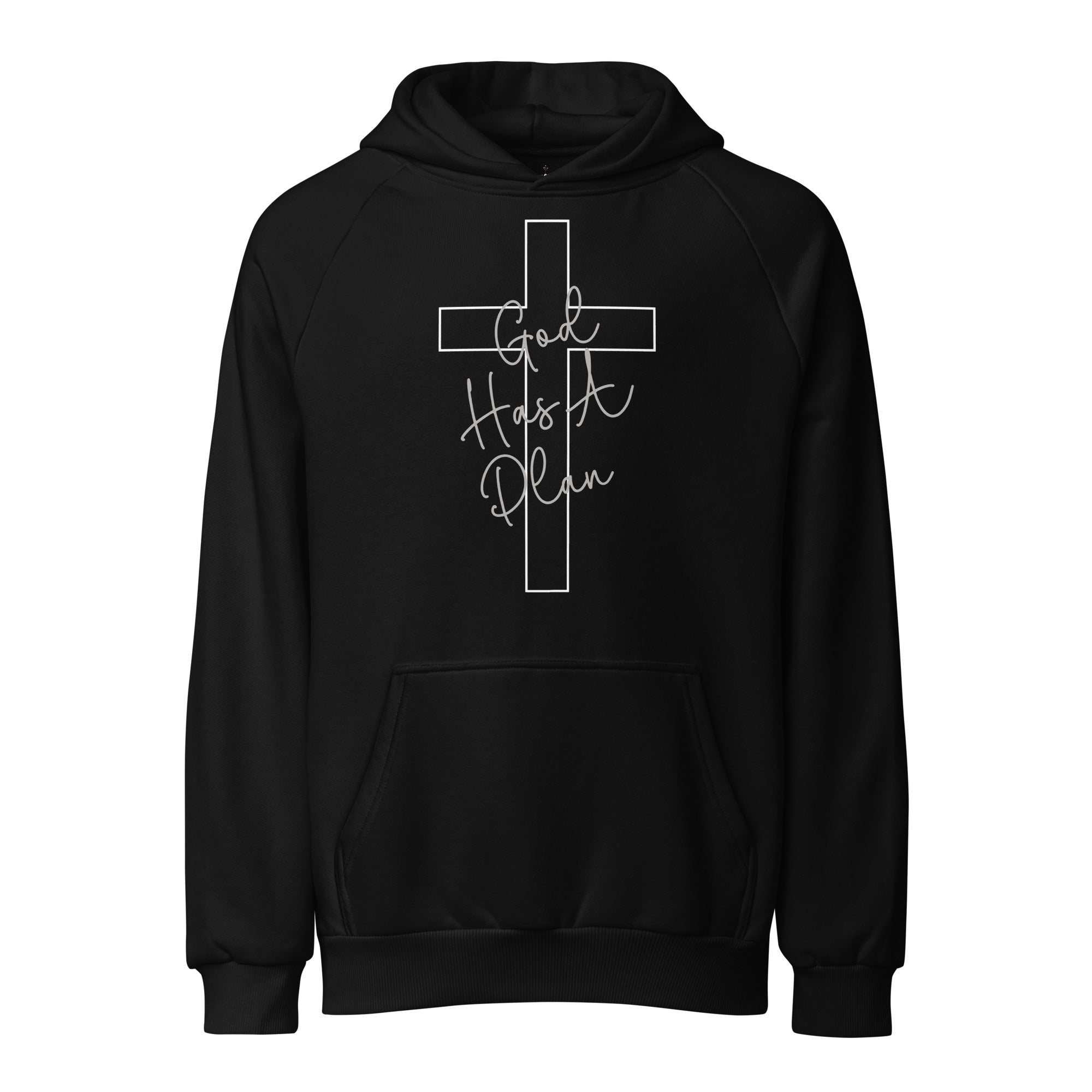 Front view of a black Christian-themed heavy-weight hoodie featuring a white cross graphic and the inspirational message "God Has A Plan"