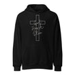 Front view of a black Christian-themed heavy-weight hoodie featuring a white cross graphic and the inspirational message "God Has A Plan"