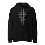 Front view of a black Christian-themed heavy-weight hoodie featuring a white cross graphic and the inspirational message "God Has A Plan"