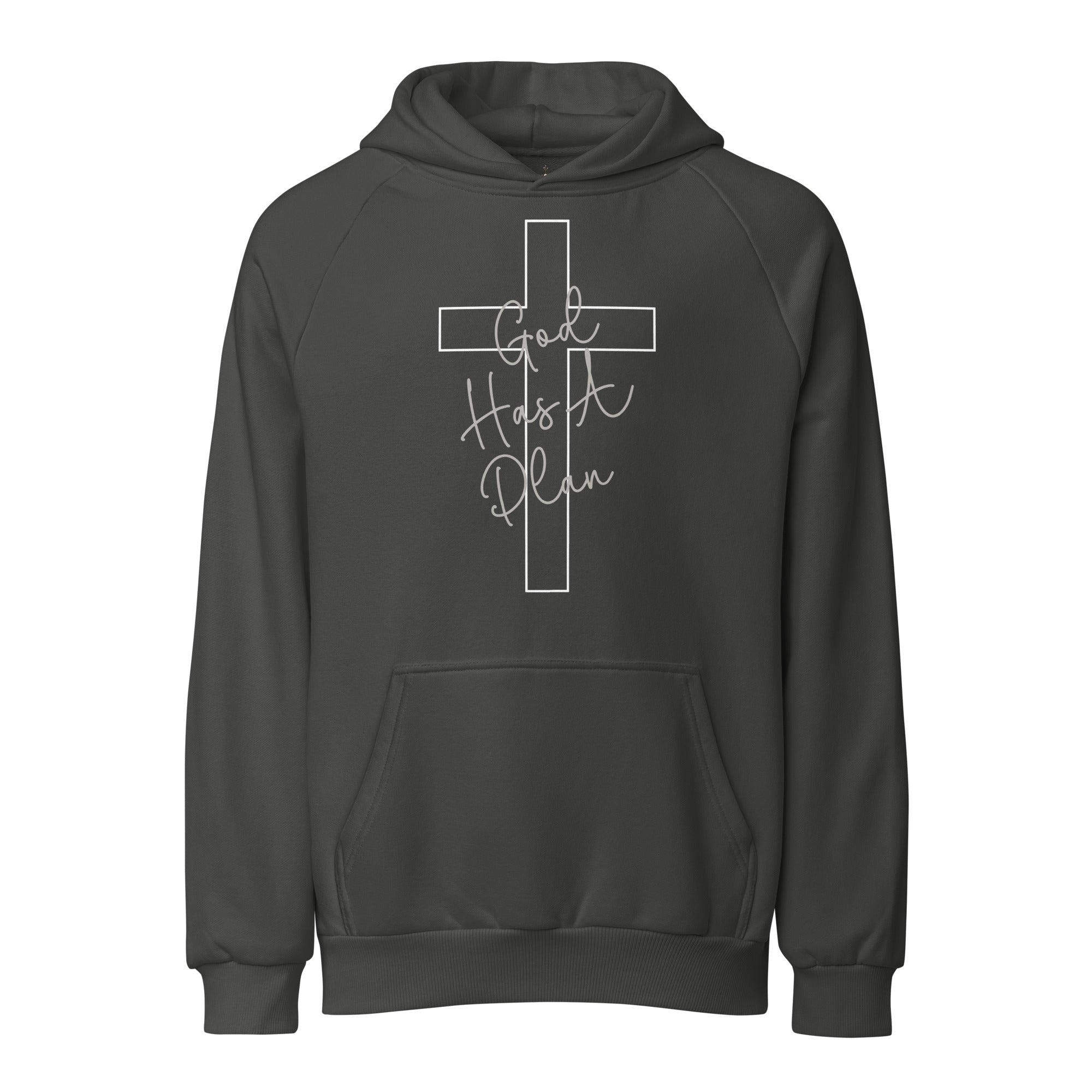 Front view of a dark grey Christian-themed heavy-weight hoodie with a white cross graphic and the inspirational text "God Has A Plan".