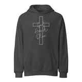 Front view of a dark grey Christian-themed heavy-weight hoodie with a white cross graphic and the inspirational text "God Has A Plan".