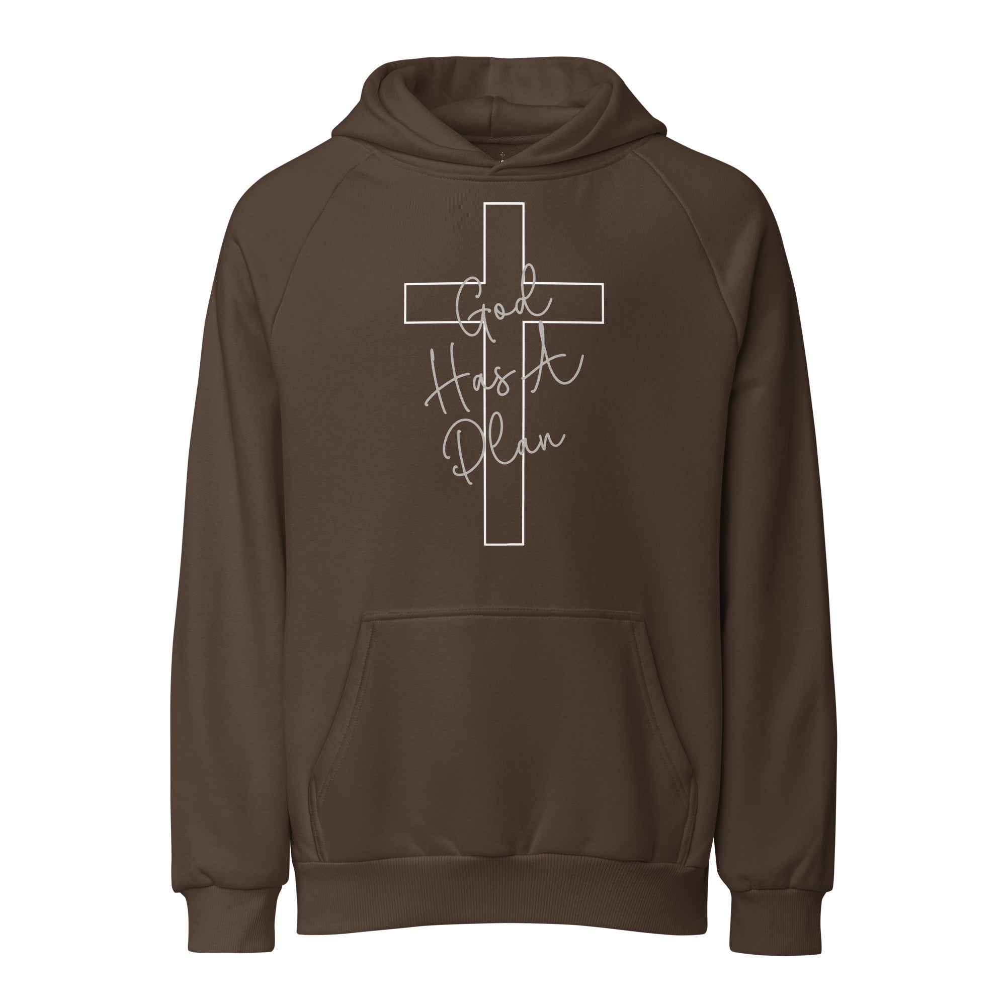 Brown unisex heavy weight hoodie featuring front cross design with "God Has A Plan" text