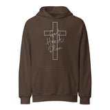 Brown unisex heavy weight hoodie featuring front cross design with "God Has A Plan" text