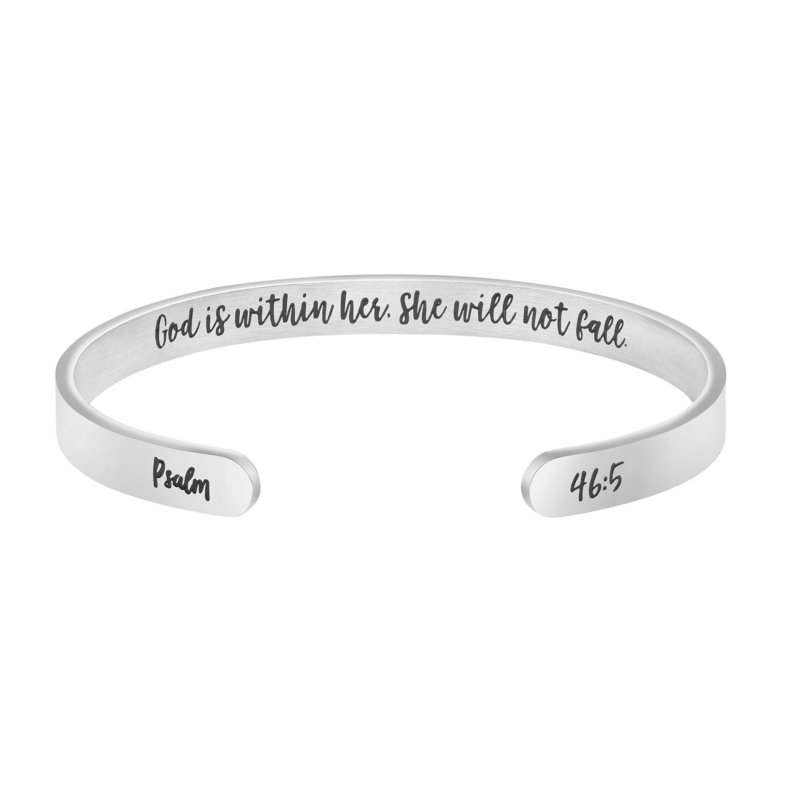 Angelic silver cuff bracelet engraved with the scripture Psalm 46:5: God is within her, she will not fall