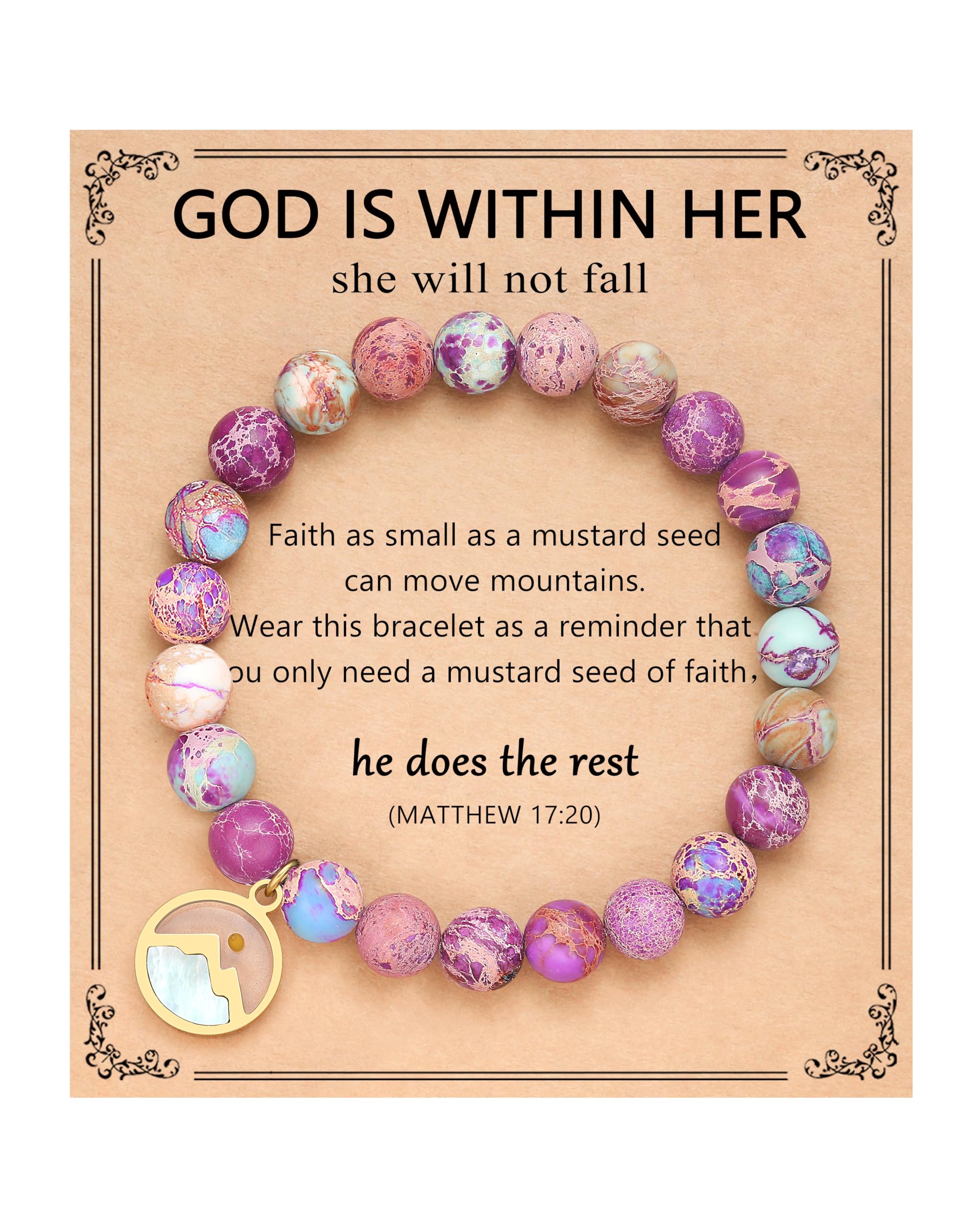 Inspirational faith-based product card featuring a purple beaded bracelet with a mountain charm, including the Bible verse Matthew 17:20 about mustard seed faith and the quote "God is within her, she will not fall.