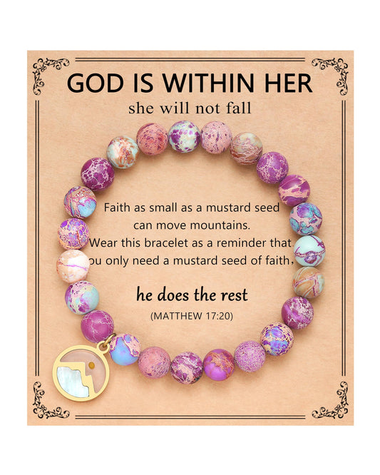 Inspirational faith-based product card featuring a purple beaded bracelet with a mountain charm, including the Bible verse Matthew 17:20 about mustard seed faith and the quote "God is within her, she will not fall.
