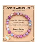 Inspirational faith-based product card featuring a purple beaded bracelet with a mountain charm, including the Bible verse Matthew 17:20 about mustard seed faith and the quote "God is within her, she will not fall.