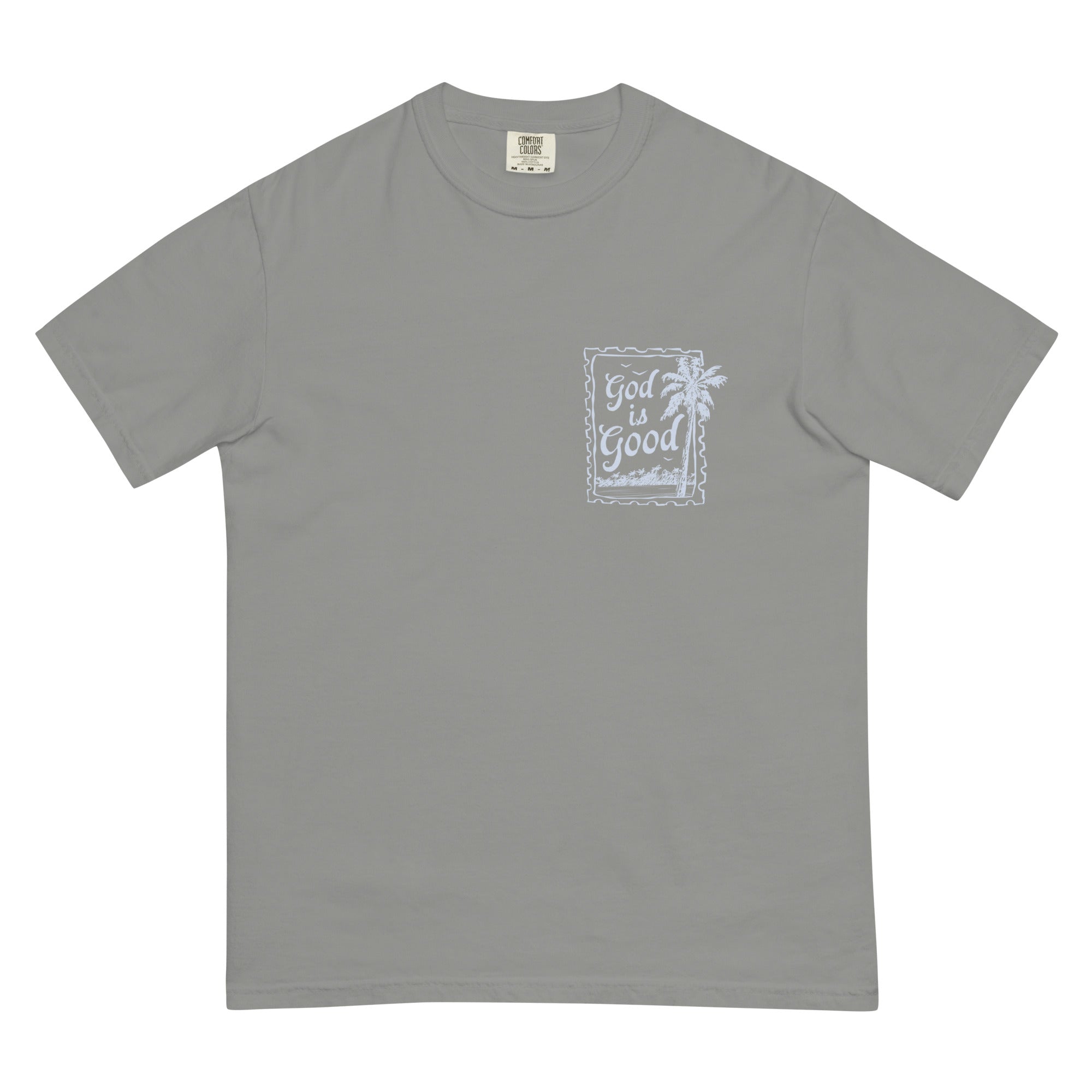 Flat lay front view of a grey unisex Christian t-shirt featuring a "God is Good" palm tree stamp design on the chest
