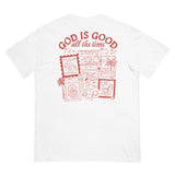Flat lay back view of a white inspirational Christian apparel t-shirt with a "God is Good all the time" coastal stamp graphic.