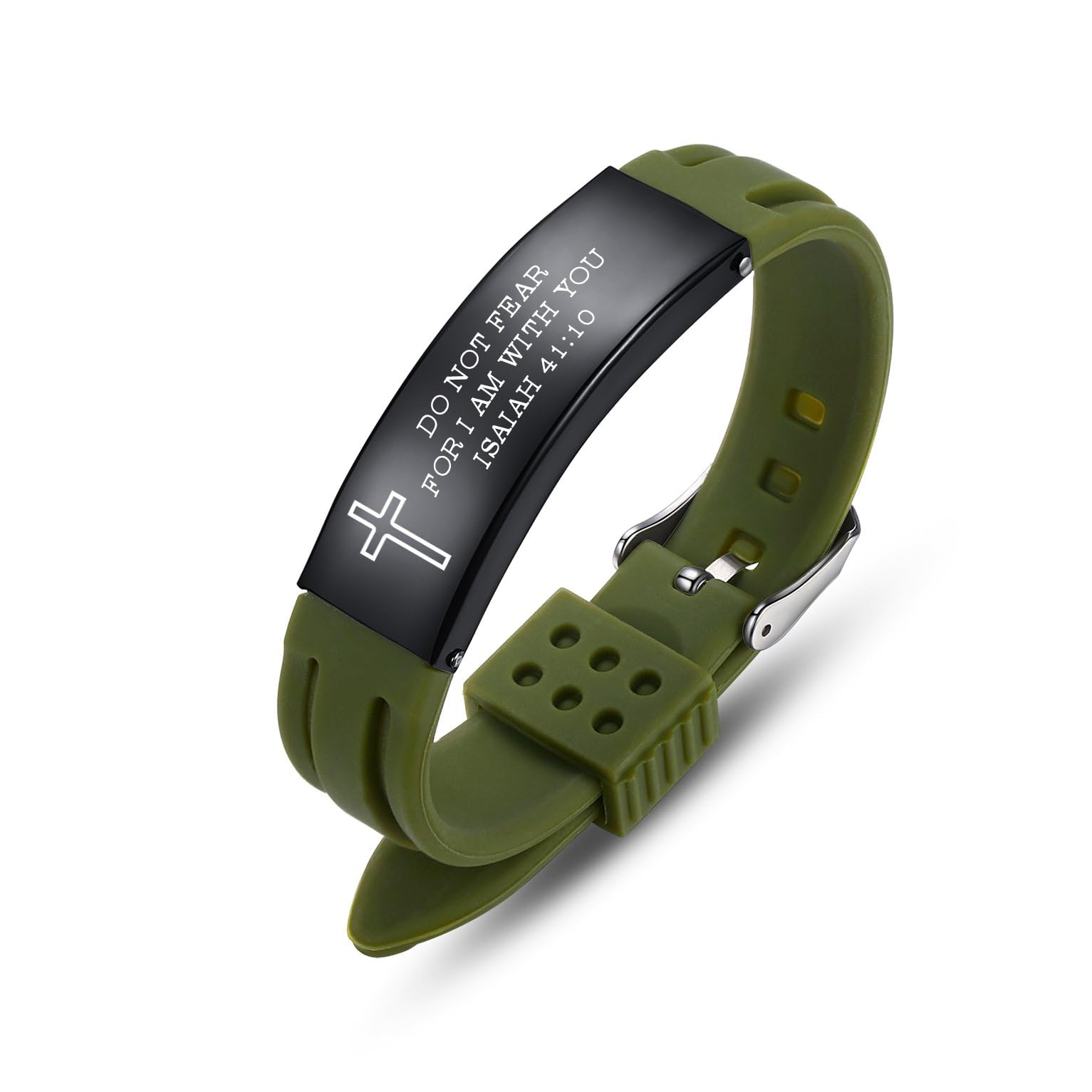 Olive green silicone and black stainless steel Christian scripture bracelet engraved with a cross and Bible verse Isaiah 41:10 "Do not fear for I am with you." High-quality faith-based jewelry for men.
