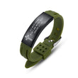 Olive green silicone and black stainless steel Christian scripture bracelet engraved with a cross and Bible verse Isaiah 41:10 "Do not fear for I am with you." High-quality faith-based jewelry for men.