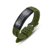 Olive green silicone and black stainless steel Christian scripture bracelet engraved with a cross and Bible verse Isaiah 41:10 "Do not fear for I am with you." High-quality faith-based jewelry for men.