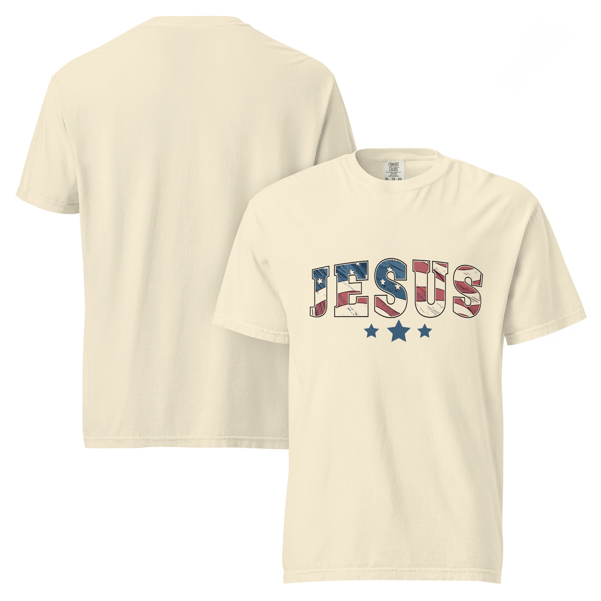An ivory-colored unisex garment-dyed heavyweight t-shirt with a distressed patriotic "JESUS" print and star detailing