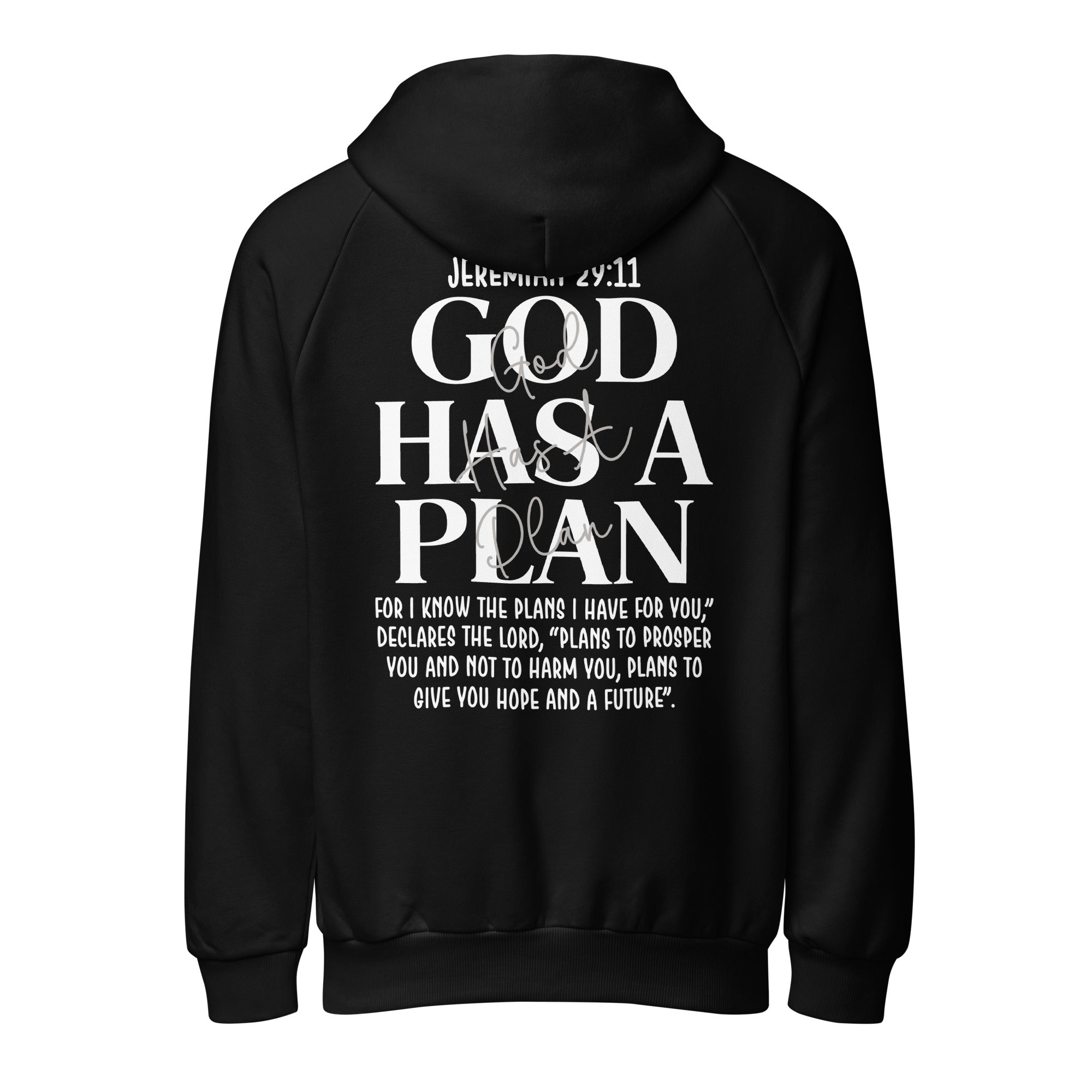 Back view of a black unisex heavy-weight hoodie featuring a large cross design with the verse Jeremiah 29:11, "God Has A Plan".
