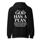 Back view of a black unisex heavy-weight hoodie featuring a large cross design with the verse Jeremiah 29:11, "God Has A Plan".