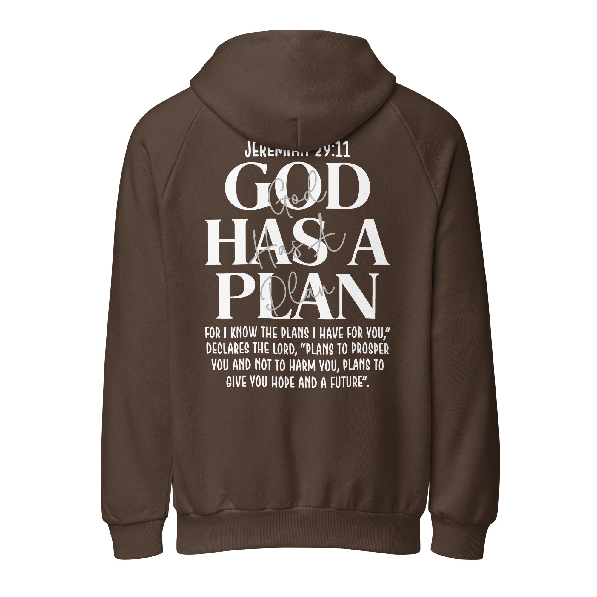 Brown unisex heavy weight hoodie featuring back print with Jeremiah 29:11 Bible verse design