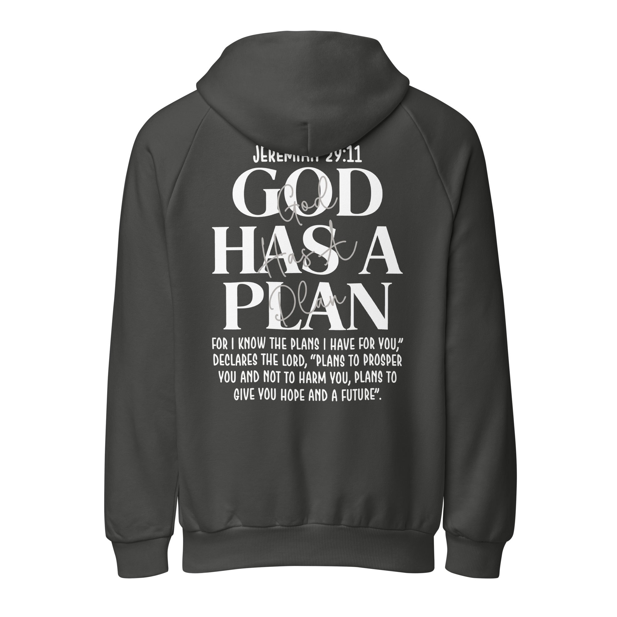 Back view of a dark grey unisex heavy-weight hoodie featuring a cross design and the Bible verse Jeremiah 29:11, "God Has A Plan".