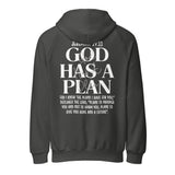 Back view of a dark grey unisex heavy-weight hoodie featuring a cross design and the Bible verse Jeremiah 29:11, "God Has A Plan".