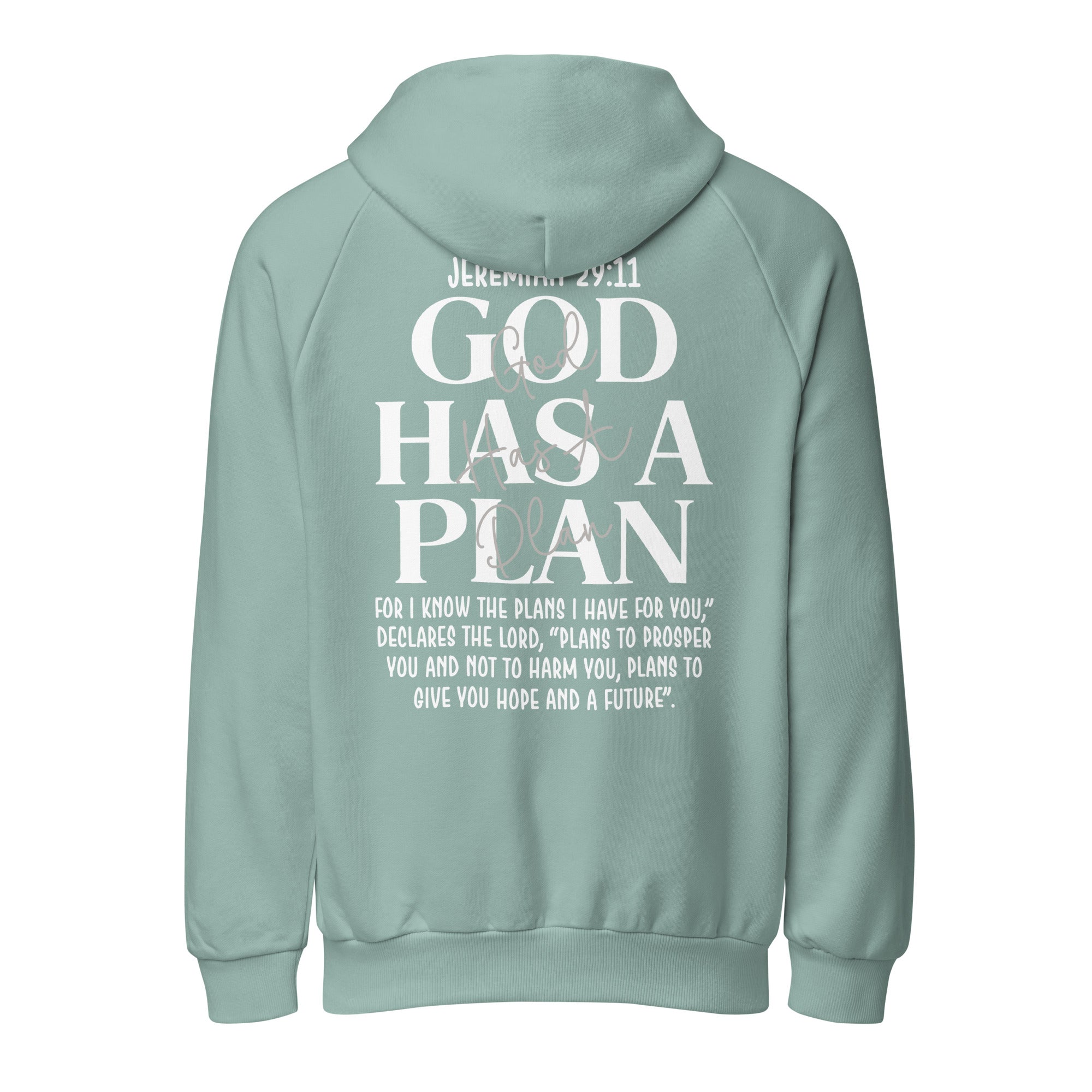 Flat lay product view of a sage green unisex heavyweight hoodie showcasing the powerful Jeremiah 29:11 Bible verse, a thoughtful and uplifting faith-based gift.