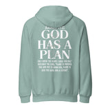 Flat lay product view of a sage green unisex heavyweight hoodie showcasing the powerful Jeremiah 29:11 Bible verse, a thoughtful and uplifting faith-based gift.