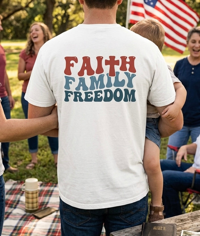 Christian family man wearing patriotic faith and family graphic tee, made of high quality material. Fourth of July gathering. 