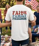 Christian family man wearing patriotic faith and family graphic tee, made of high quality material. Fourth of July gathering. 