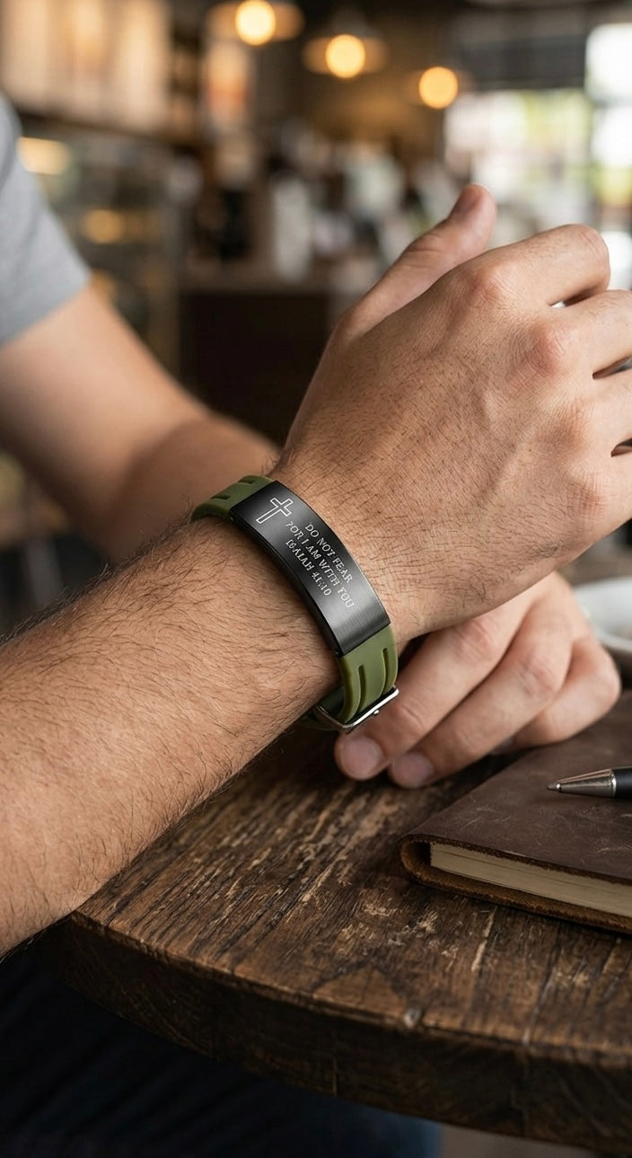 Close-up lifestyle mockup of a man's wrist wearing an olive green Christian cross bracelet with scripture while resting on a rustic wooden table next to a leather journal. Modern faith apparel and accessories