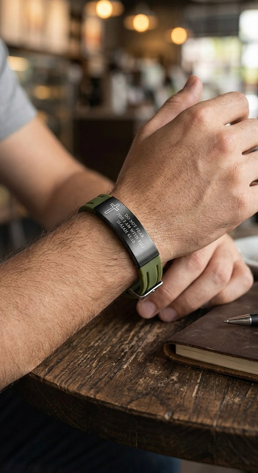 Close-up lifestyle mockup of a man's wrist wearing an olive green Christian cross bracelet with scripture while resting on a rustic wooden table next to a leather journal. Modern faith apparel and accessories