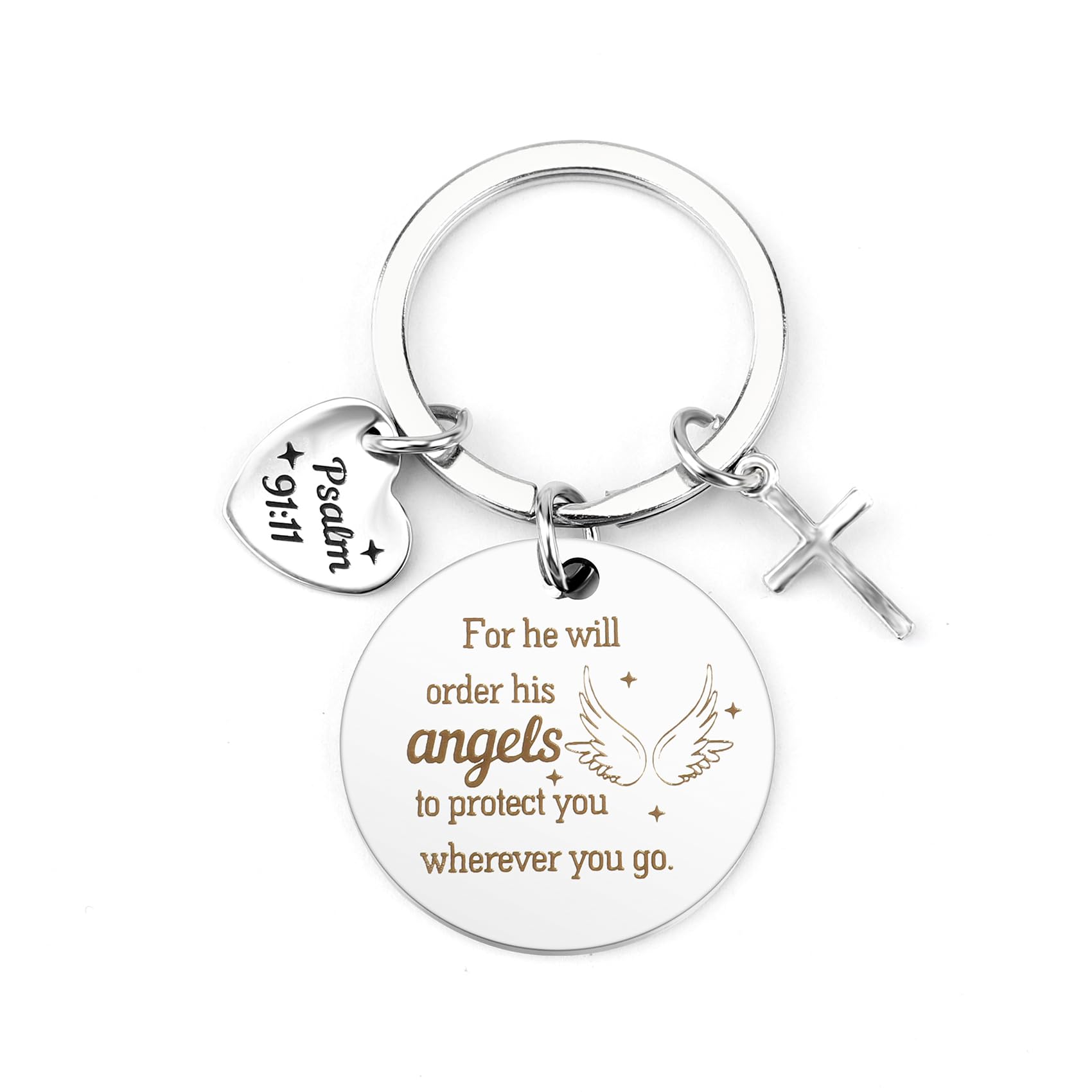A silver keychain featuring three charms: a round charm engraved with 'For he will order his angels to protect you wherever you go' with angel wings, a small heart charm engraved with 'Psalm 91:11', and a small silver cross charm.