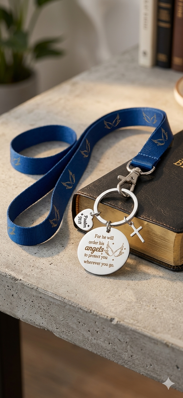 A mock-up showing the Psalm 91:11 keychain attached to a deep sapphire blue lanyard printed with small white angel wings. The lanyard and keychain rest on a dark, leather-bound Bible on a stone surface