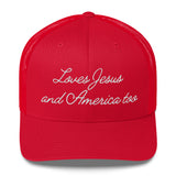 Front view of a red retro trucker hat with white embroidery reading Loves Jesus and America too.