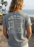 Woman seen from behind wearing a sage green faith-based t-shirt with a detailed "God is Good all the time" inspirational stamp design