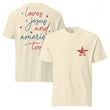 Flatlay of a cream faith-based graphic t-shirt featuring both the front star and back religious quote.