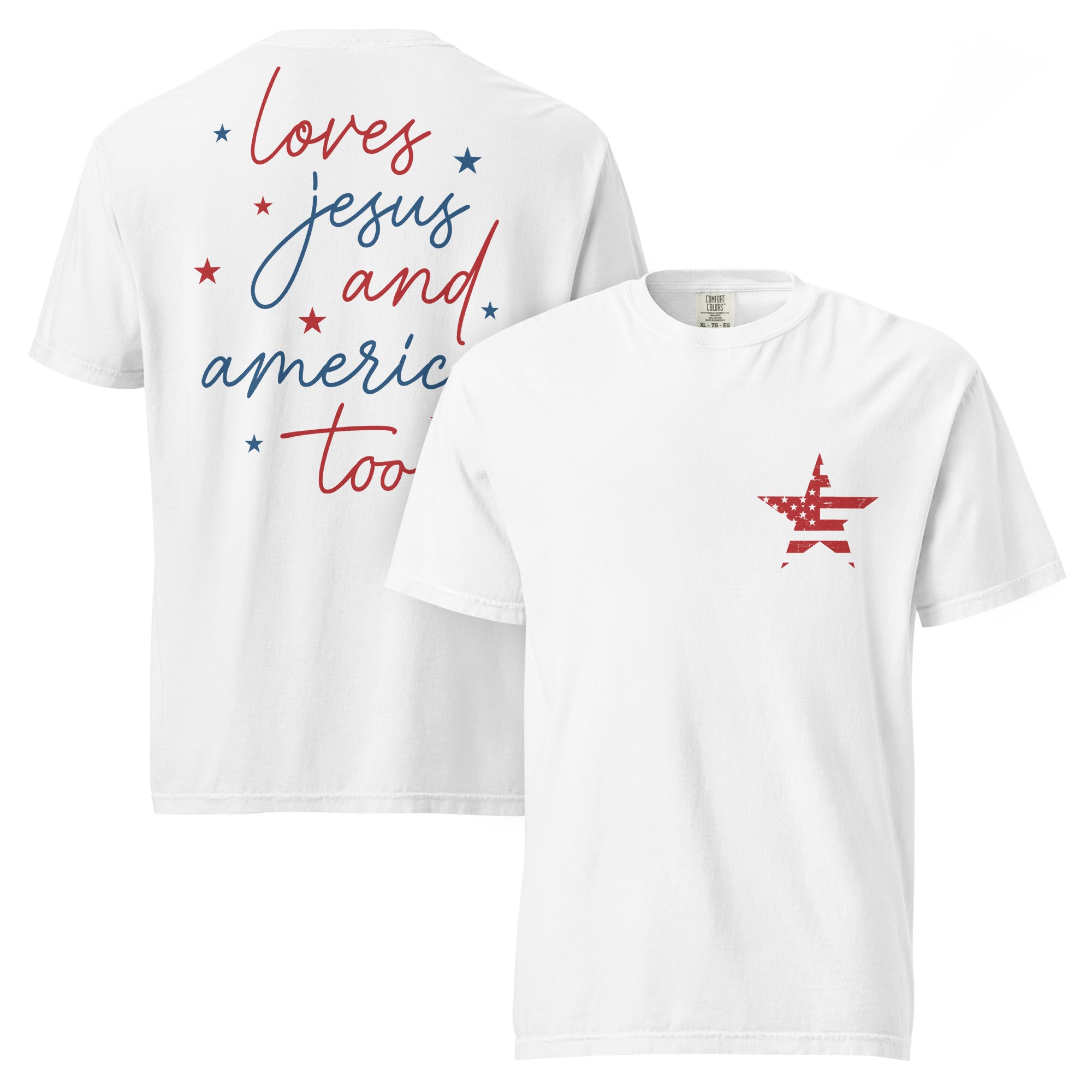 Flatlay of a white Christian apparel t-shirt showing the front star design and back religious text