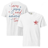 Flatlay of a white Christian apparel t-shirt showing the front star design and back religious text