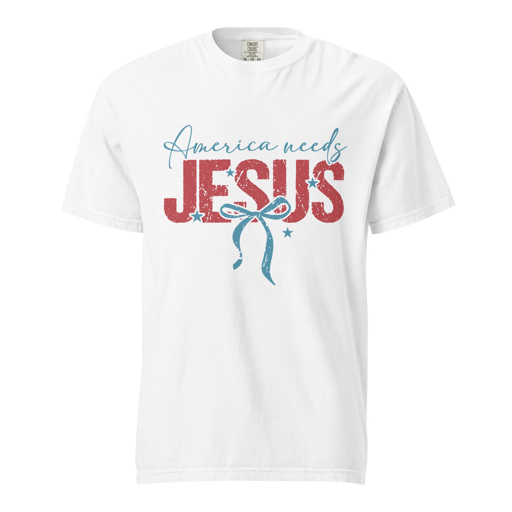 A white heavyweight unisex graphic t-shirt with the America Needs Jesus message, ideal for patriotic and religious clothing collections