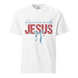 A white heavyweight unisex graphic t-shirt with the America Needs Jesus message, ideal for patriotic and religious clothing collections