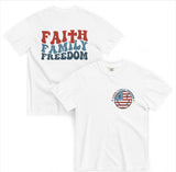 White Faith, Family, and Freedom t-shirt mockup with retro Christian and patriotic graphic print.