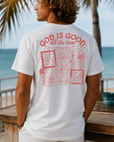 Back view of a man wearing a white inspirational Christian t-shirt featuring a "God is Good all the time" stamp-style graphic design