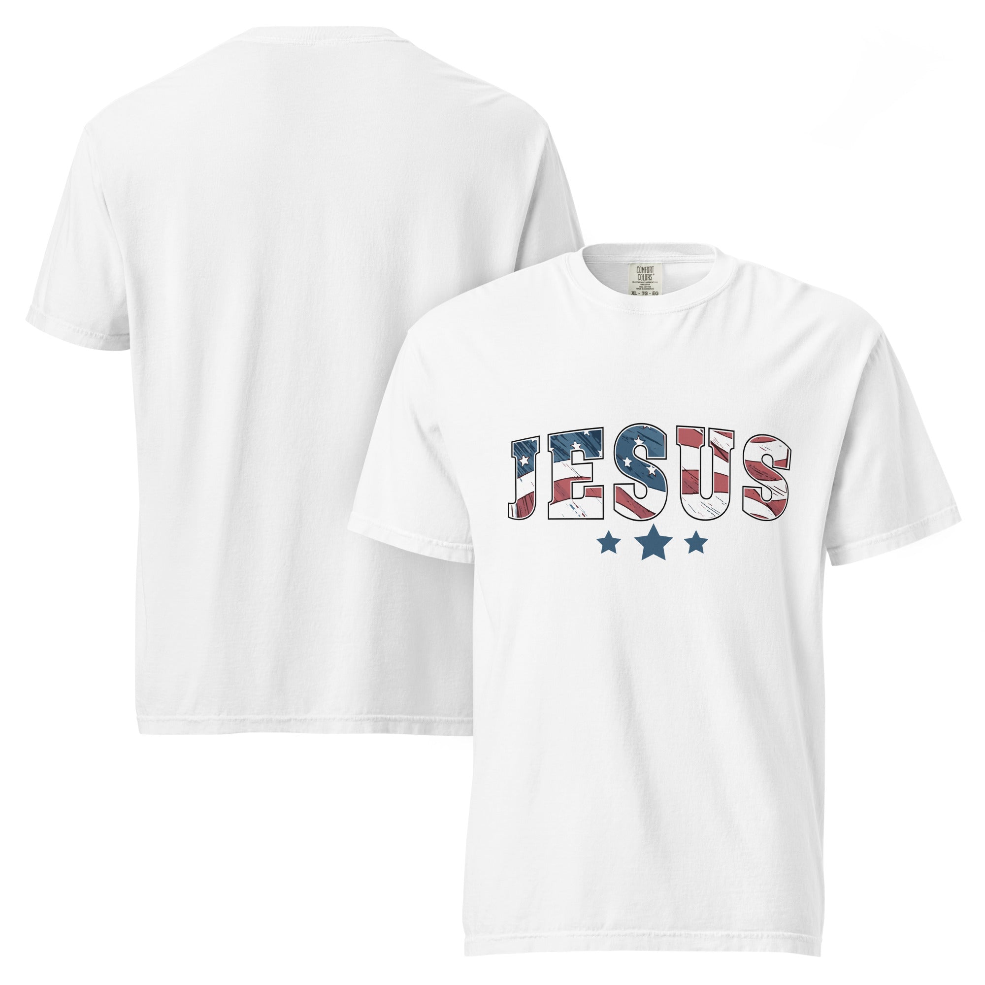white unisex garment-dyed heavyweight t-shirt featuring a vintage American flag "JESUS" graphic design