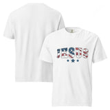 white unisex garment-dyed heavyweight t-shirt featuring a vintage American flag "JESUS" graphic design