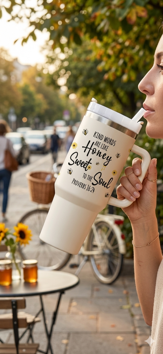 A woman holding and drinking from a cream-colored insulated tumbler with a handle, decorated with sunflowers, honeybees, and the text "Kind words are like honey sweet to the soul, Proverbs 16:24." The scene is set on a sunny street with a bicycle in the background