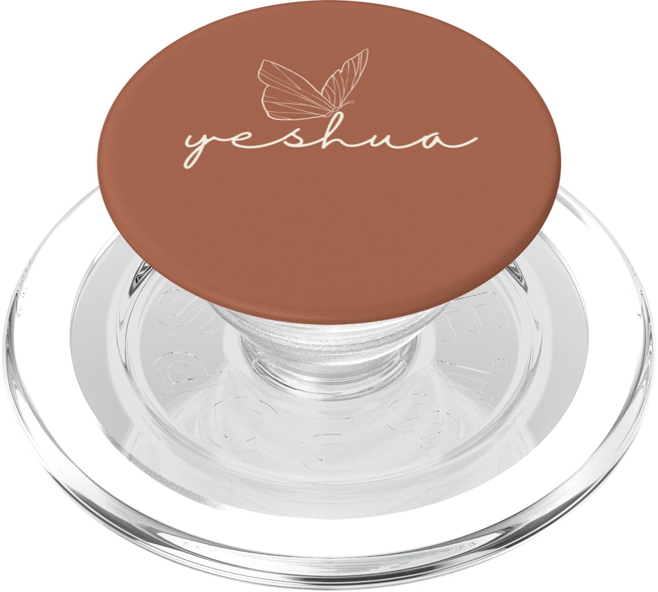 Terracotta-colored smartphone pop-grip accessory displaying a white line-art butterfly and the word "Yeshua" in elegant script.